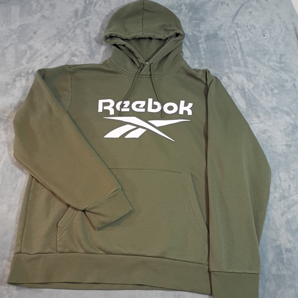 Reebok Mens Graphic Logo Pullover Hoodie Olive Green Large Fleece Sweatshirt